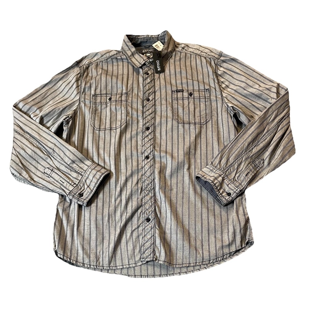 Buffalo David Bitton Button Shirt Mens L Gray Black Marine Stripes Long Sleeve